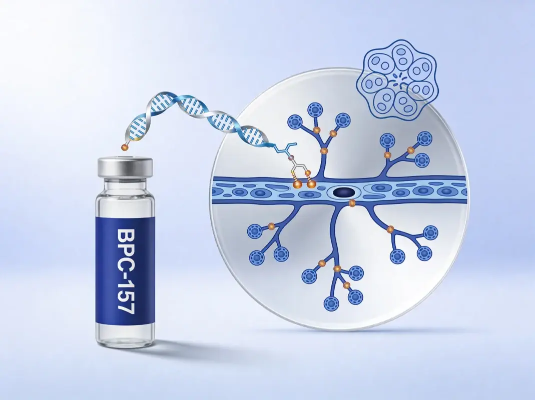 BPC-157 research peptide vial with vascular angiogenesis molecular diagram on periwinkle background.