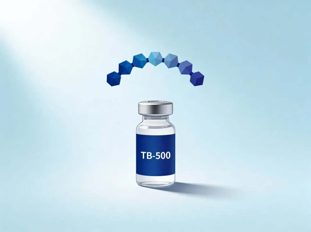 BPC-157 and TB-500 research peptide vials with converged tissue repair pathway diagram on periwinkle background.