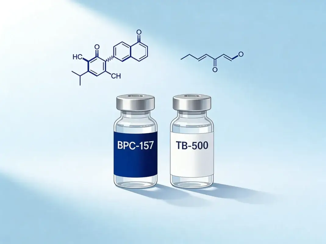 BPC-157 and TB-500 research peptide vials side by side with comparative molecular diagrams on periwinkle background.