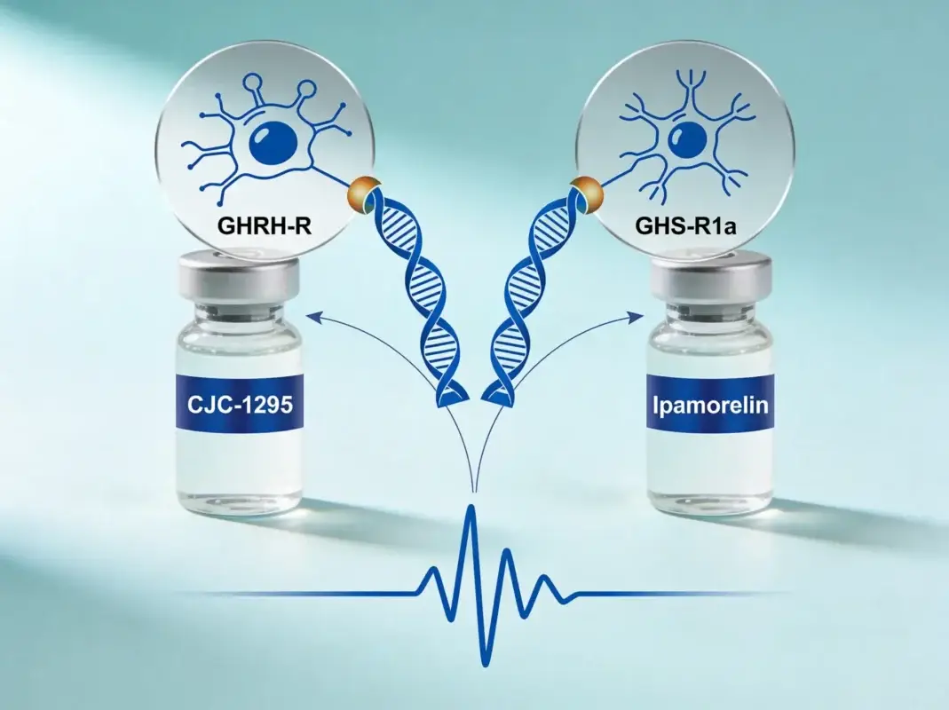 CJC-1295 and Ipamorelin research peptide vials with GHRH and ghrelin receptor diagrams converging on GH release pathway on periwinkle background.
