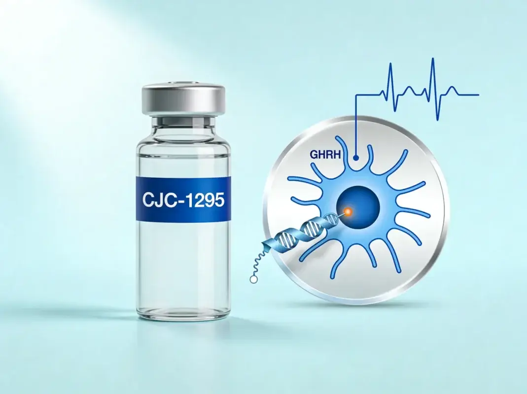 CJC-1295 research peptide vial with GHRH receptor diagram and GH pulse waveform on periwinkle background.