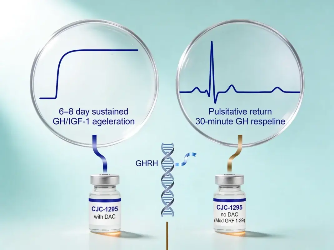 CJC-1295 with DAC and without DAC research peptide vials with sustained vs pulsatile GH release pattern diagrams on periwinkle background.