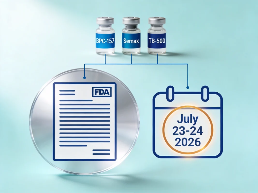 FDA regulatory document with calendar showing July 2026 PCAC hearing date and three peptide research vials on periwinkle background.