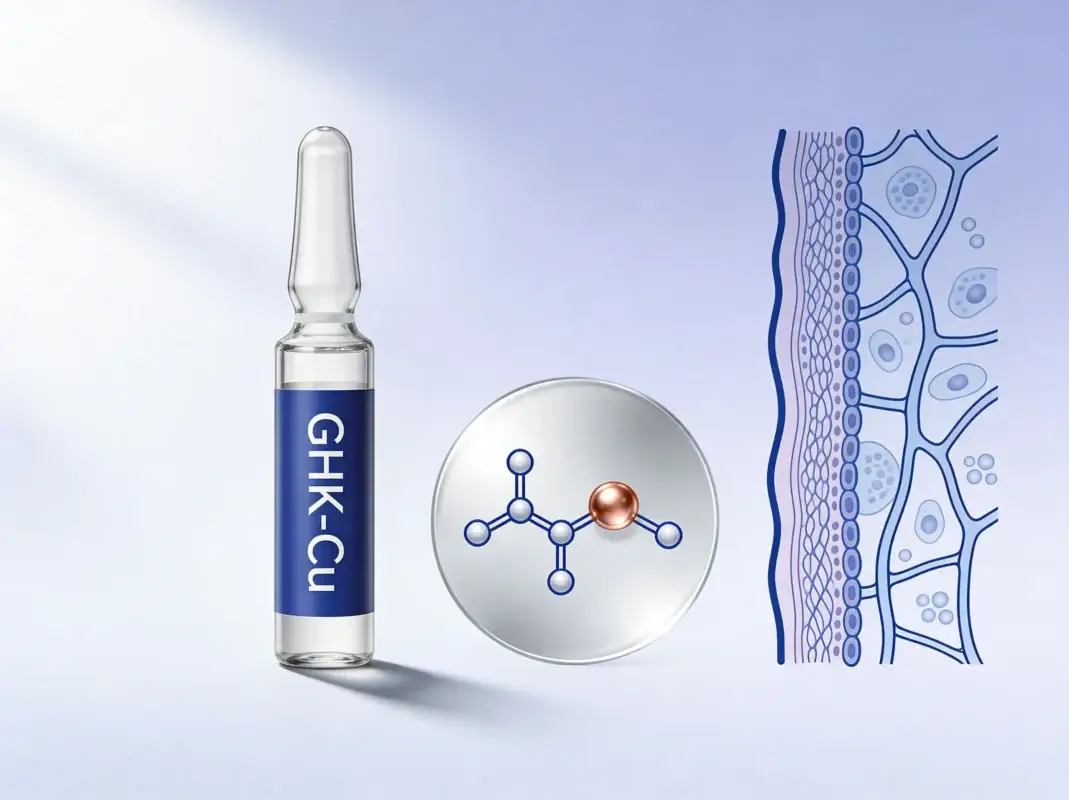 GHK-Cu copper tripeptide research vial with molecular diagram showing copper ion and dermal tissue cross-section on periwinkle background.