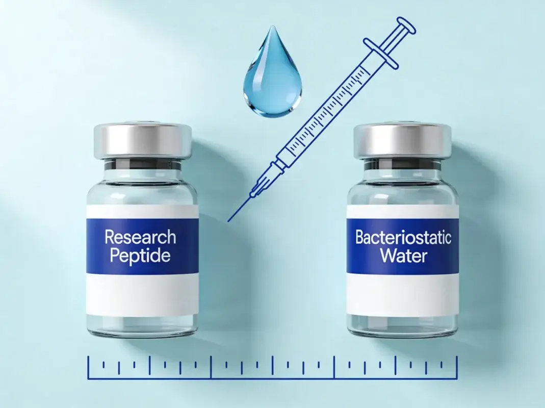 Research peptide vial and bacteriostatic water vial with syringe and droplet on periwinkle background showing reconstitution process.