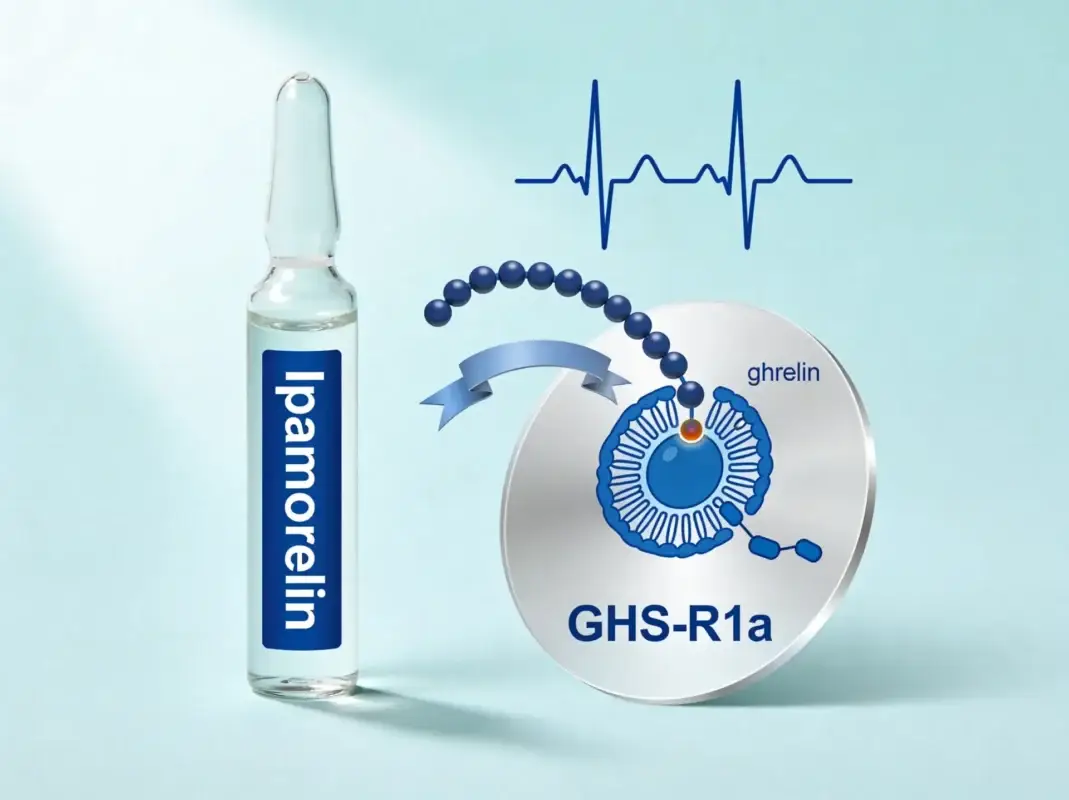 Ipamorelin research peptide vial with ghrelin GHS-R1a receptor diagram and pentapeptide structure on periwinkle background.
