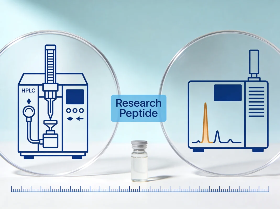 HPLC and mass spectrometer analytical instrument diagrams with research peptide vial sample on periwinkle background.