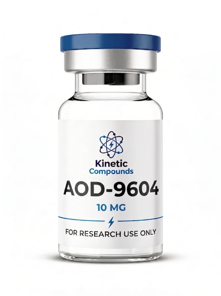 Kinetic Compounds AOD-9604 10mg lyophilized hGH fragment research peptide vial label