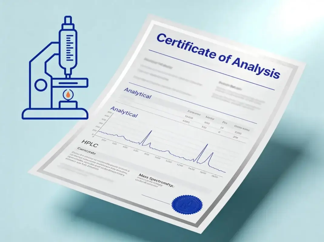 Certificate of Analysis document with analytical chemistry HPLC instrument detail on periwinkle background.