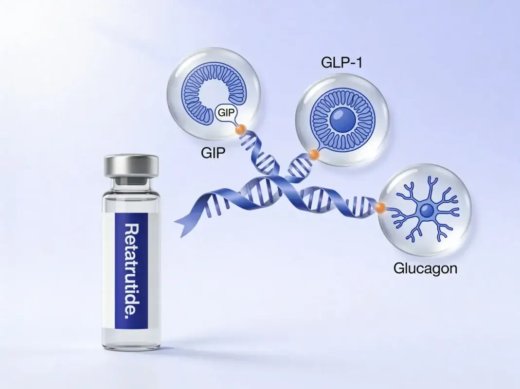 Retatrutide research peptide vial with GIP, GLP-1, and glucagon triple receptor diagram on periwinkle background.