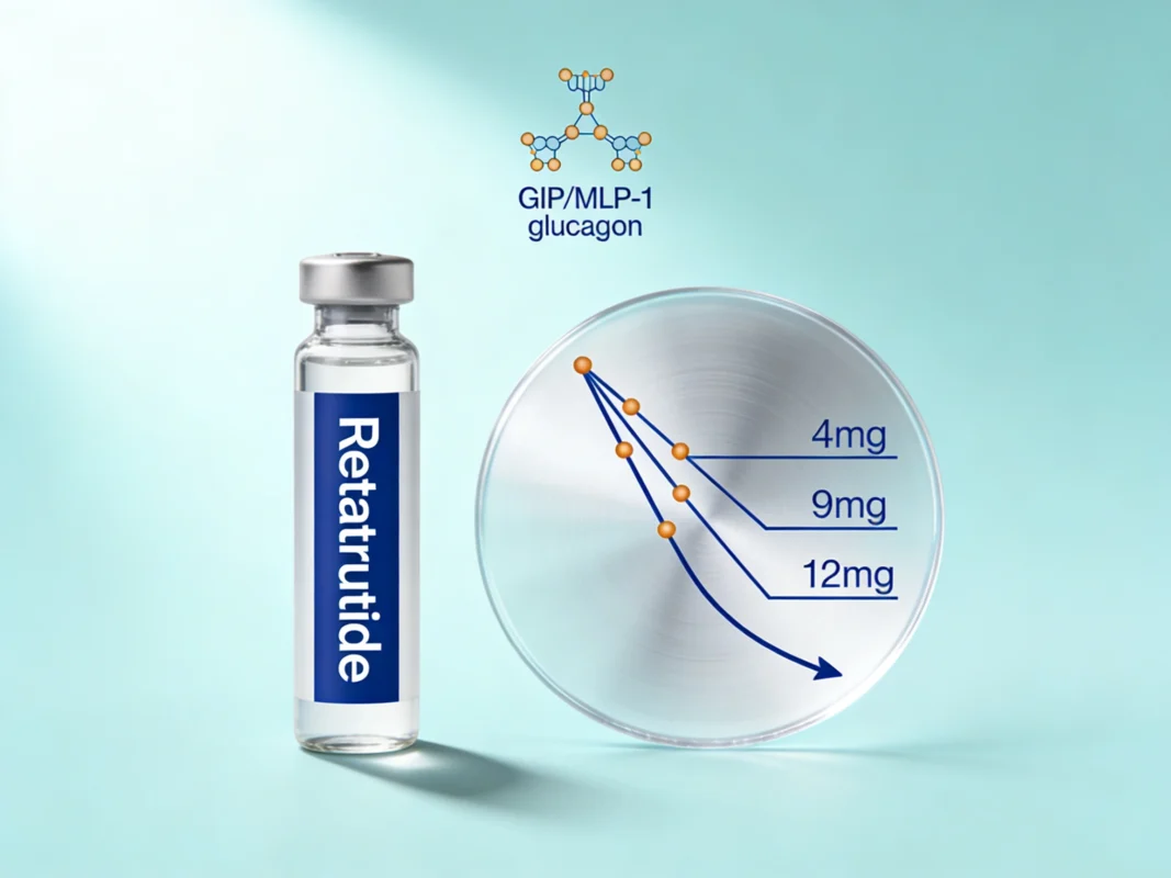 Retatrutide research peptide vial with clinical trial weight loss data curve and triple receptor diagram on periwinkle background.