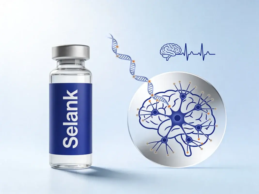 Selank research peptide vial with neural network diagram and EEG waveform on periwinkle background.