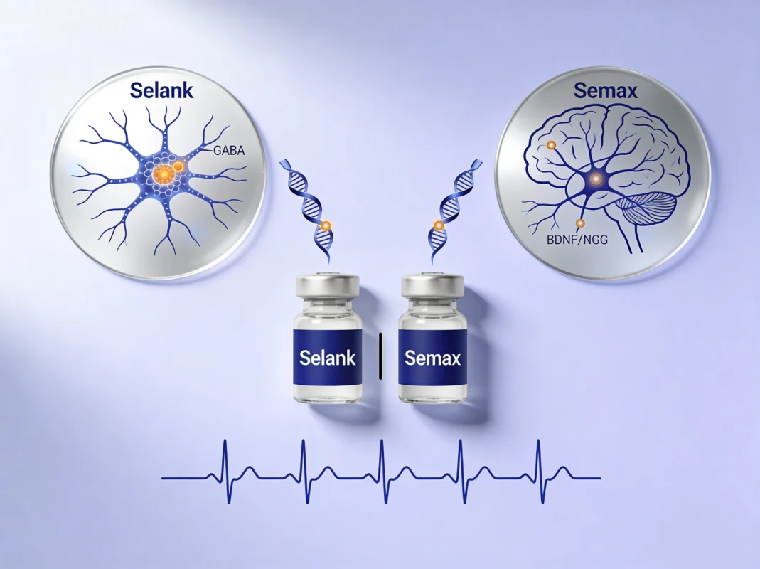 Selank and Semax research peptide vials side by side with distinct neural network diagrams and shared EEG waveform on periwinkle background.