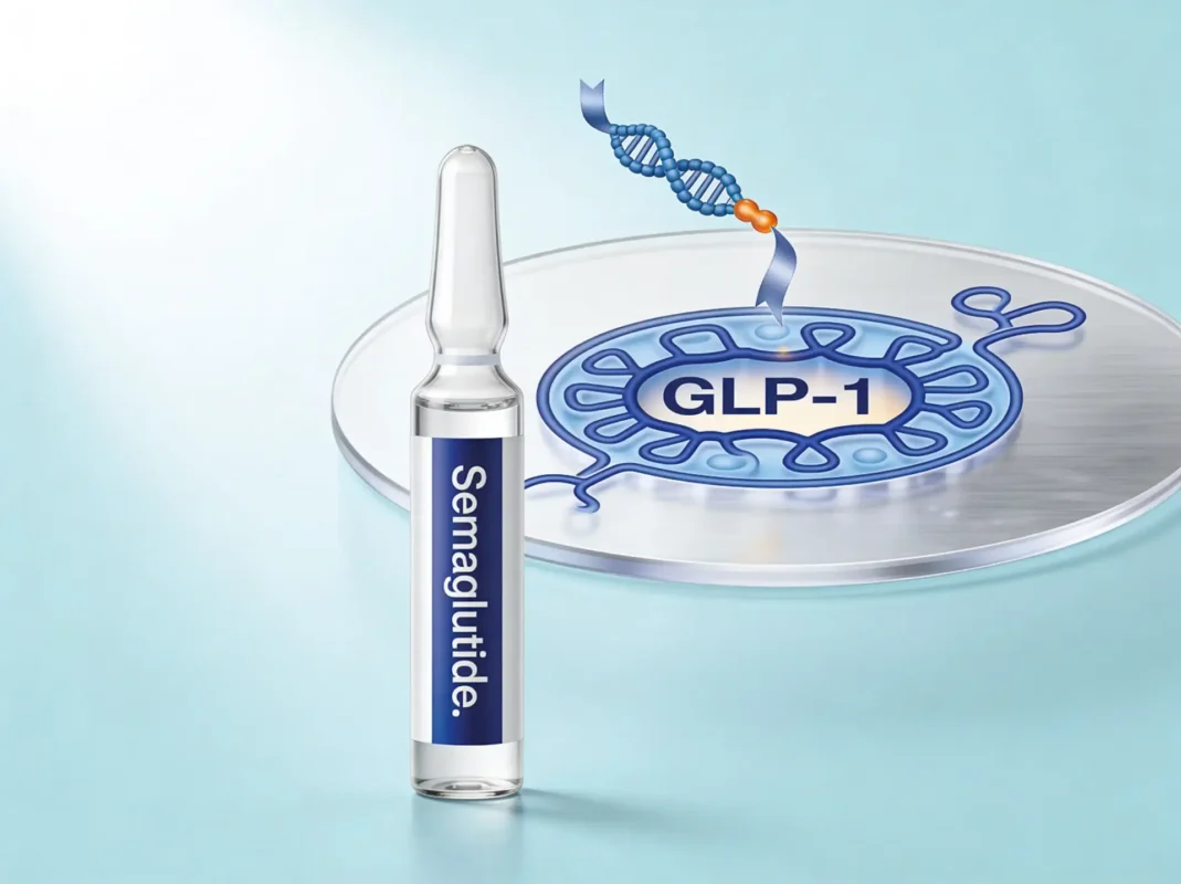 Semaglutide research peptide vial with GLP-1 receptor diagram on periwinkle background.