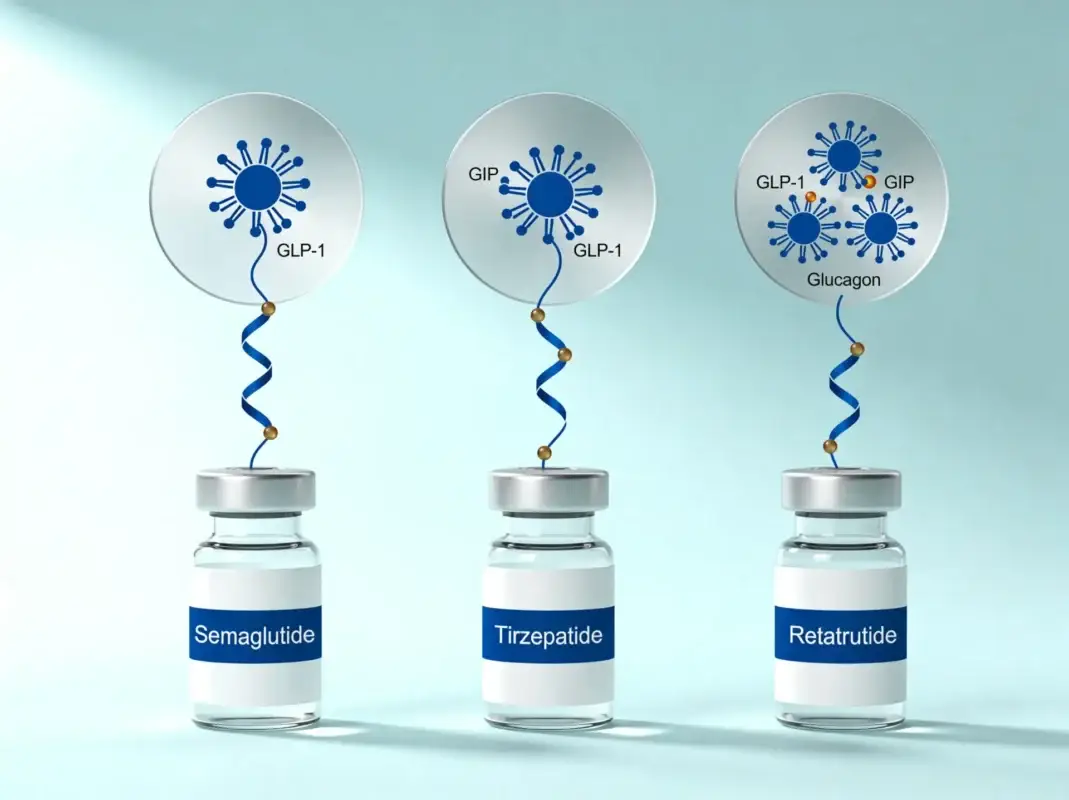 Three GLP-1 research peptide vials Semaglutide Tirzepatide Retatrutide with escalating receptor counts on periwinkle background.