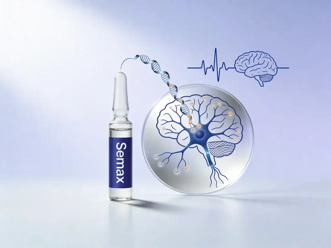 Semax research peptide vial with neural network projection diagram and EEG waveform on periwinkle background.