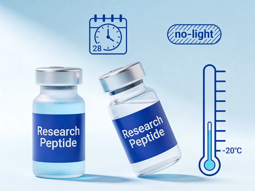 Research peptide vials with thermometer and protective storage elements on periwinkle background showing storage conditions.