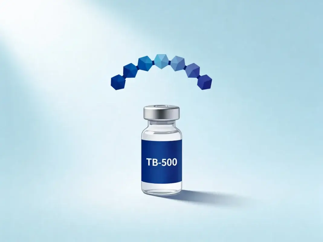TB-500 research peptide vial with G-actin filament cytoskeletal diagram on periwinkle background.