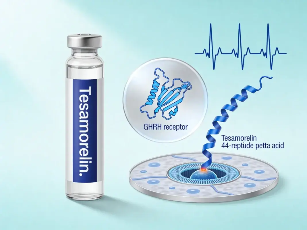 Tesamorelin research peptide vial with GHRH receptor diagram and 44-amino-acid chain structure on periwinkle background.