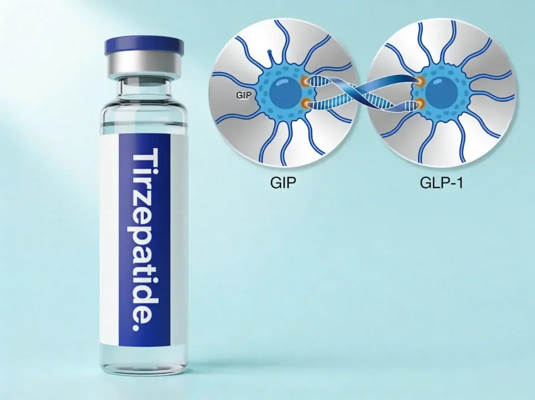 Tirzepatide research peptide vial with GIP and GLP-1 dual receptor diagram on periwinkle background.