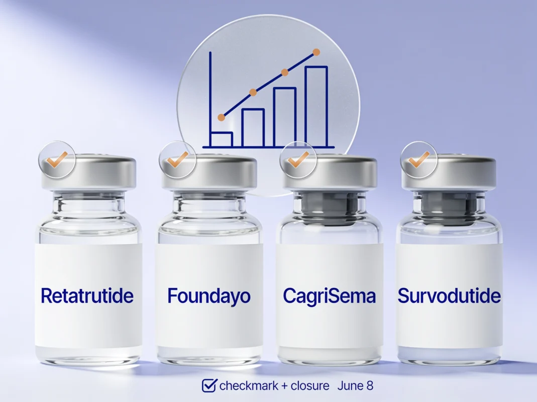 Four research peptide vials representing Retatrutide Foundayo CagriSema Survodutide with confirmed outcome checkmarks and comparative data chart on periwinkle background.