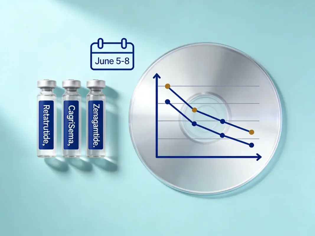 Three research peptide vials representing Retatrutide CagriSema Zenagamtide with data chart and June conference date on periwinkle background.