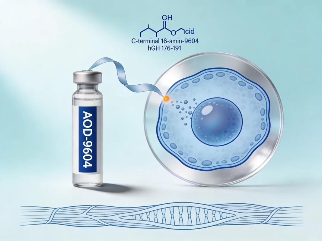 AOD-9604 research peptide vial with adipocyte cross-section diagram and hGH fragment structure on periwinkle background.