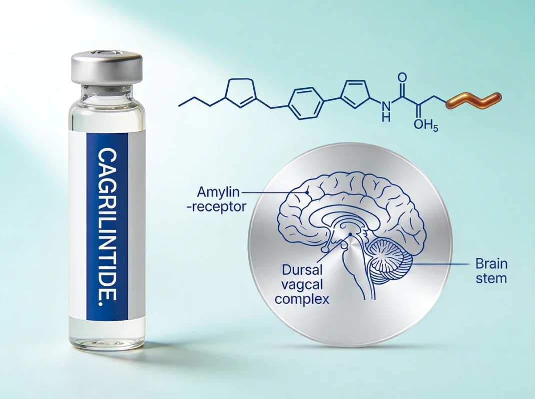 Cagrilintide research peptide vial with an amylin-receptor/brainstem appetite diagram on a periwinkle background.