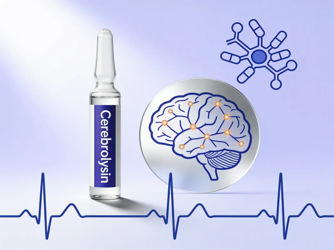 Cerebrolysin research peptide vial with brain cross-section showing synaptic plasticity and multi-peptide fragment diagram on periwinkle background.