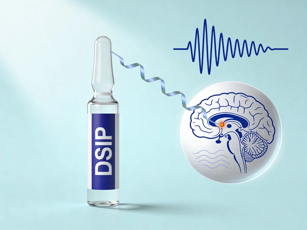 DSIP and Epitalon research peptide vials side by side with brainstem and pineal gland diagrams above shared sleep waveform on periwinkle background.