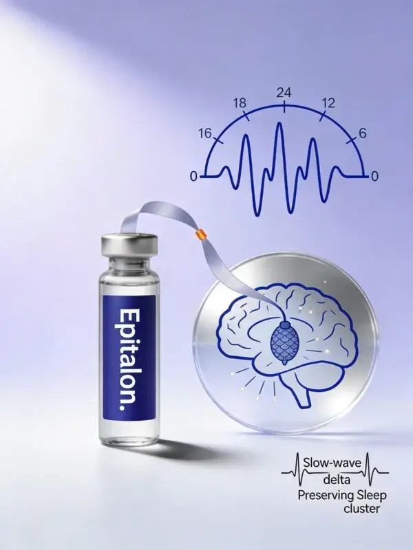 Epitalon research peptide vial with pineal gland diagram and circadian rhythm curve on periwinkle background.