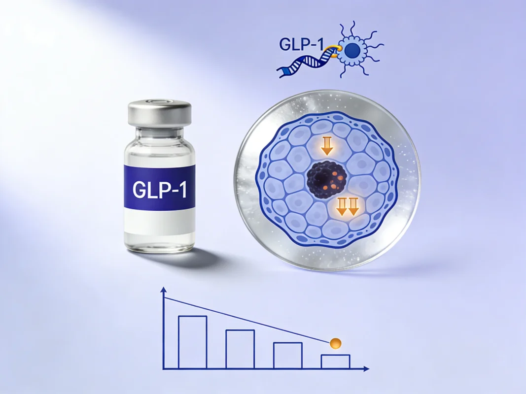 GLP-1 research peptide vial with cell tissue diagram showing metastatic progression suppression and declining cancer outcome chart on periwinkle background.