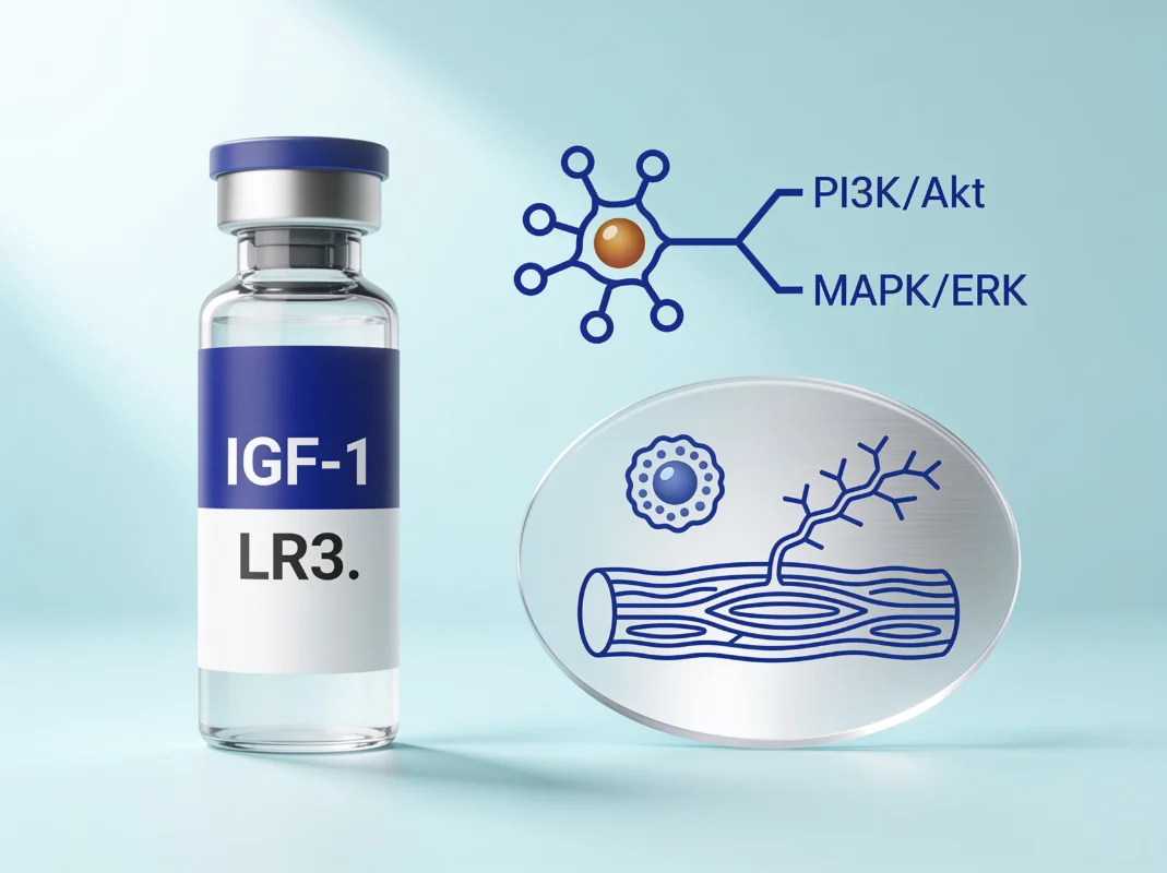 IGF-1 LR3 research peptide vial with IGF-1 receptor, muscle-cell, and PI3K/Akt signaling diagrams on a periwinkle background.