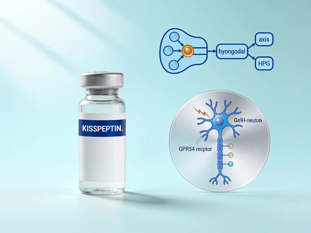 Kisspeptin research peptide vial with GPR54/GnRH-neuron signaling diagram and HPG-axis schematic on a periwinkle background.