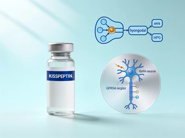 Kisspeptin research peptide vial with GPR54/GnRH-neuron signaling diagram and HPG-axis schematic on a periwinkle background.