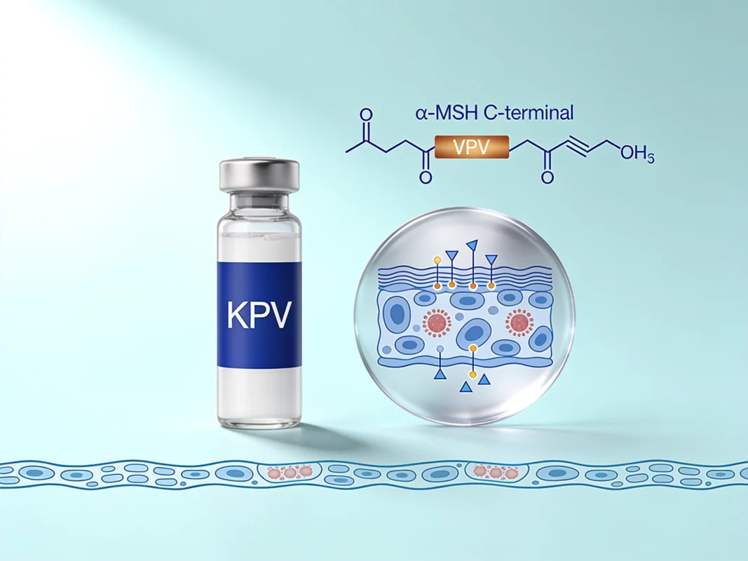 KPV research peptide vial with anti-inflammatory tissue diagram and α-MSH C-terminal fragment visualization on periwinkle background.