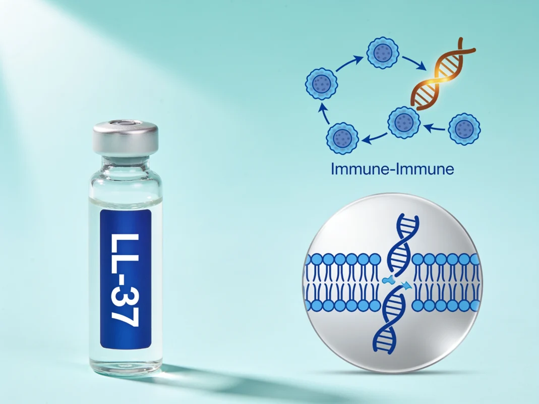 LL-37 research peptide vial with an amphipathic-helix membrane-disruption diagram and immune-cell recruitment on a cyan-aqua background.