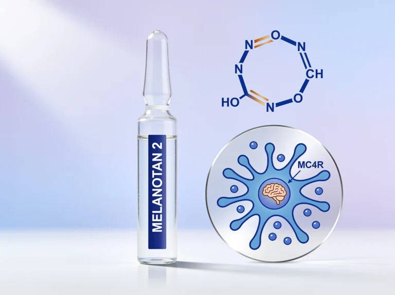 Melanotan 2 research peptide vial with melanocortin-receptor and cyclic-peptide diagrams on a periwinkle background.