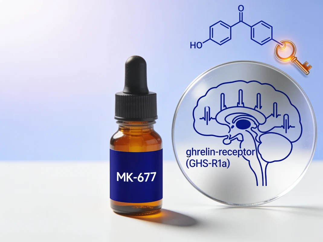 MK-677 oral-solution bottle with a ghrelin-receptor/pituitary diagram and small-molecule structure on a periwinkle background.