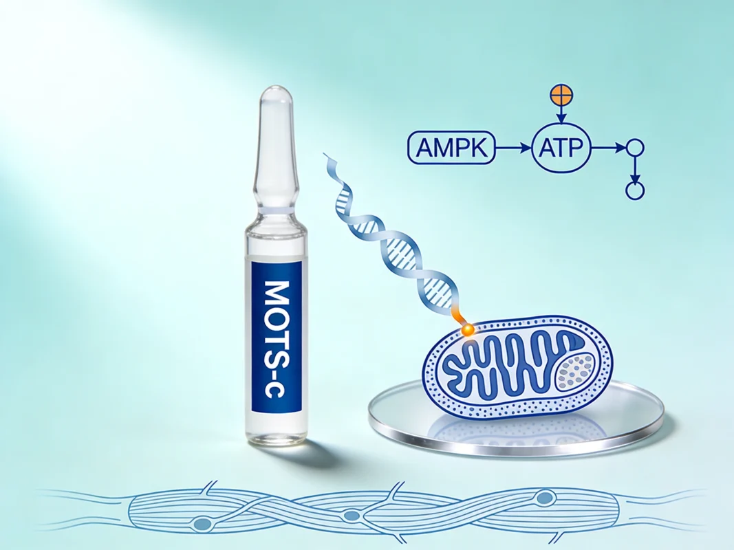 MOTS-c research peptide vial with mitochondrion cross-section diagram and AMPK signaling pathway on periwinkle background.