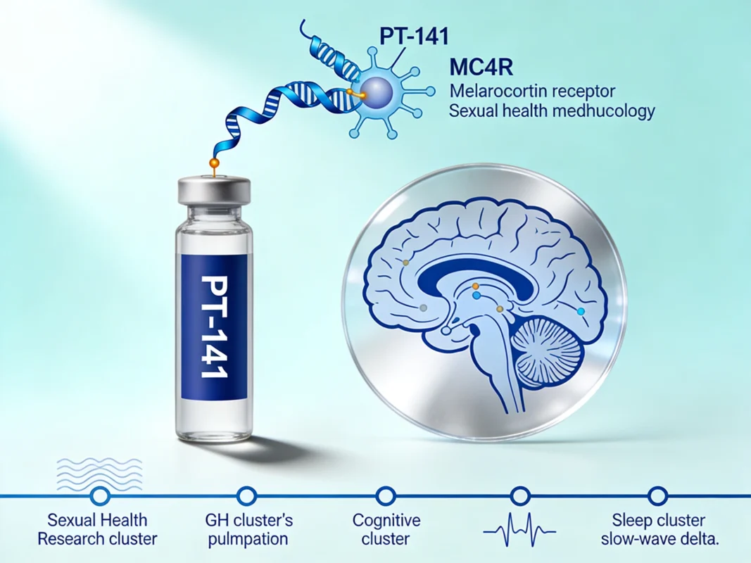 PT-141 research peptide vial with brain cross-section diagram showing hypothalamus and melanocortin receptor pathway on periwinkle background.