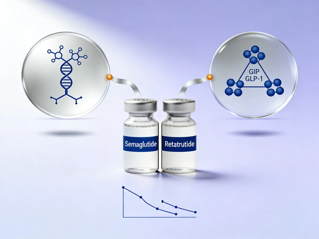 Semaglutide and Retatrutide research peptide vials side by side with single GLP-1 receptor and triple receptor diagrams above descending weight loss curve on periwinkle background.