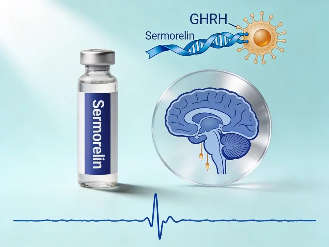 Sermorelin research peptide vial with pituitary gland diagram and pulsatile growth hormone release waveform on periwinkle background.