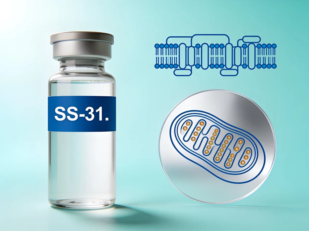 SS-31 research peptide vial with a mitochondrion cristae diagram and electron-transport-chain supercomplex on a cyan-aqua background.