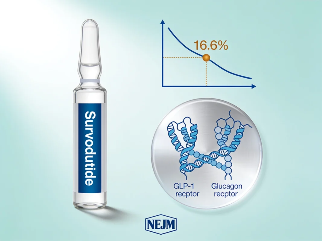 Survodutide research peptide vial with dual GLP-1 glucagon receptor diagram and 16.6% weight loss curve on periwinkle background.