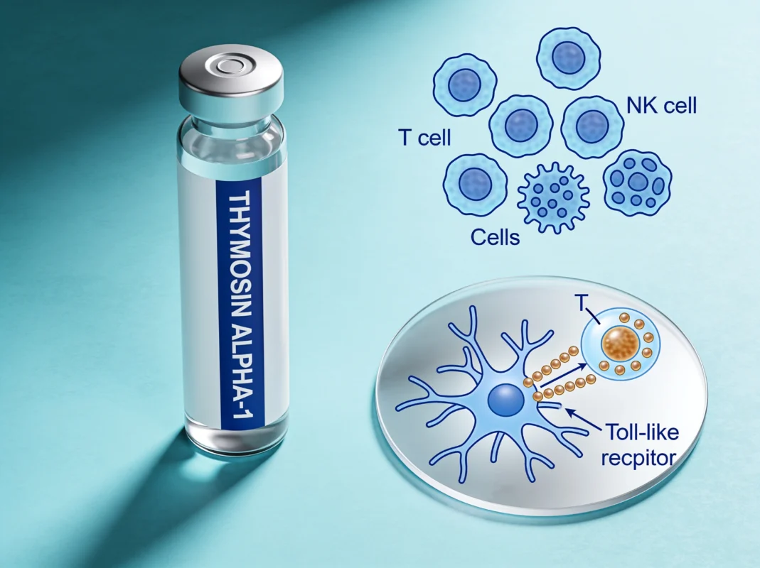 Thymosin Alpha-1 research peptide vial with a dendritic-cell/T-cell immune-signaling diagram on a cyan-aqua background.